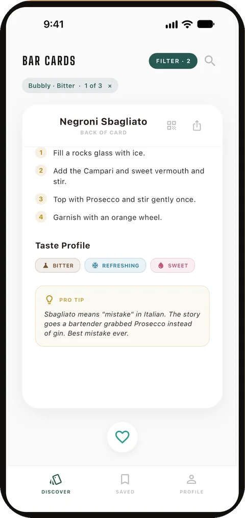 Bar Cards: the back of a card, with the method, taste profile and a pro tip