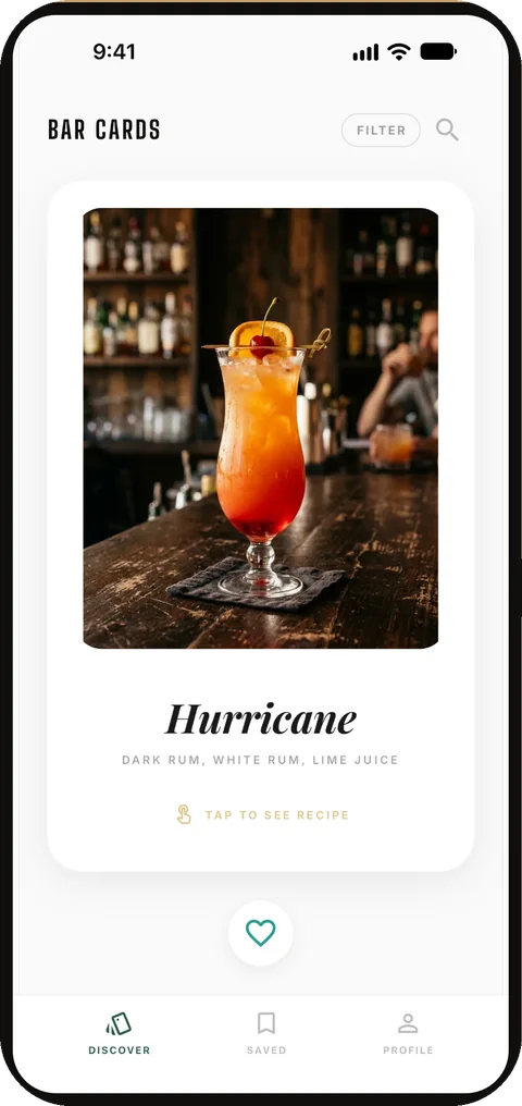 Bar Cards: swipe through a deck of cocktail cards